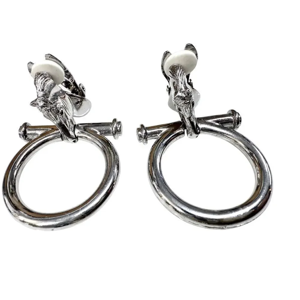 Vtg Signed Paolo Gucci Rare Horse Bit Hoop Signed Door Knocker Earrings Silver